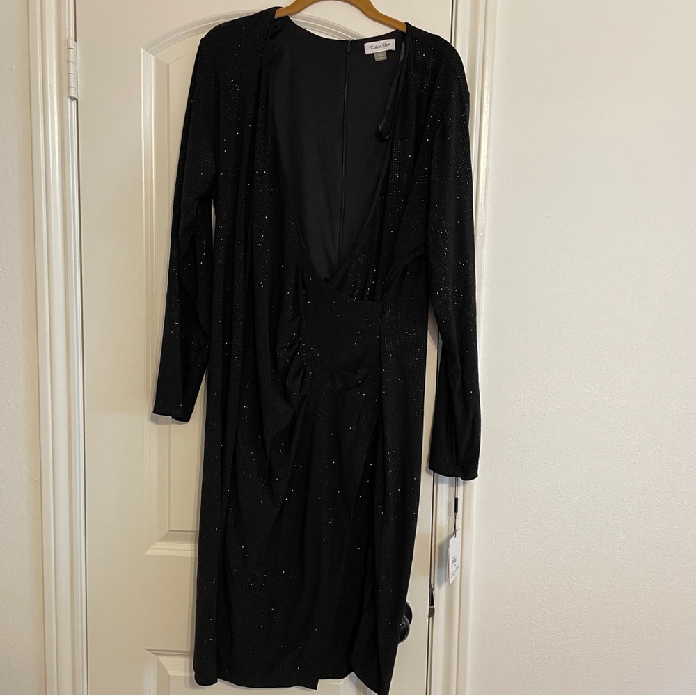 Calvin Klein black glittery body con knee-length fitted wrap dress